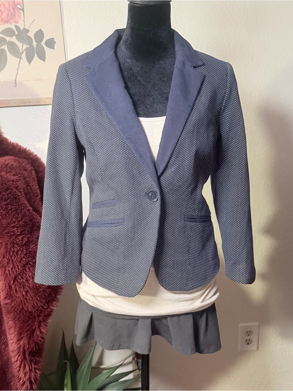 Navy Blue Polka Dot Single-Button Blazer Small
